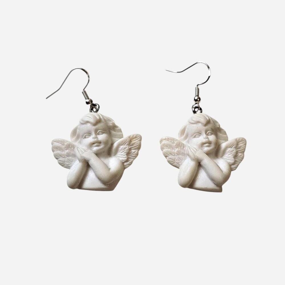 Vintage 90s Matte White Cherub Dangle Earrings